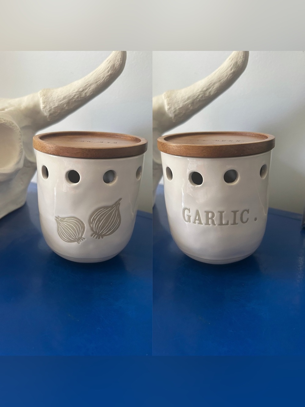 Rae Dunn “Garlic” Ceramic Garlic Cellar with Wood Top
